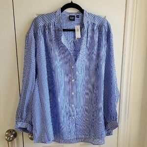 GAP Women's Blue and White Striped Button-Down Shirt